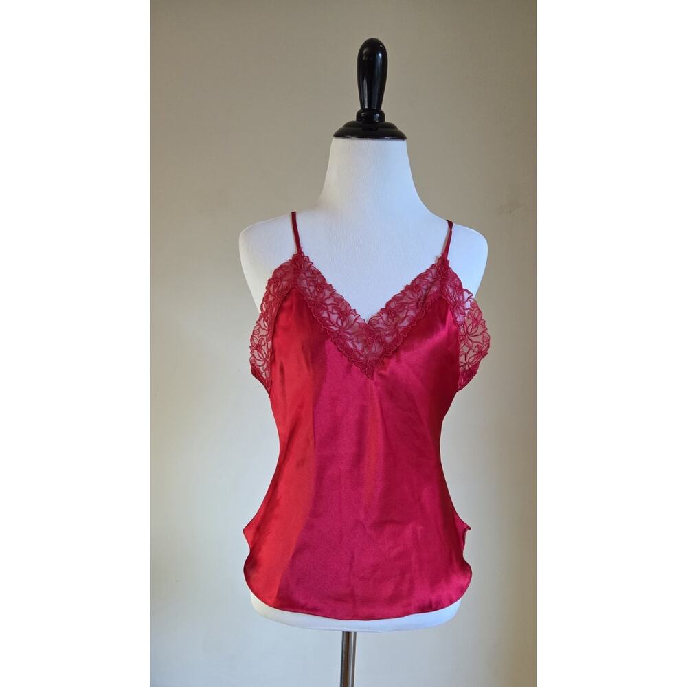 VTG Victoria Secret Red Satin Camisole Lingerie Silky Lace Sz S Gold Label 90's